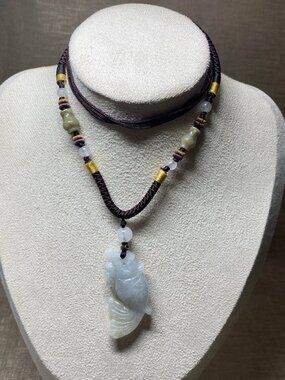 Chinese Nephrite Jade Carved Fish Pendant Necklace Light Green Jade 46mm